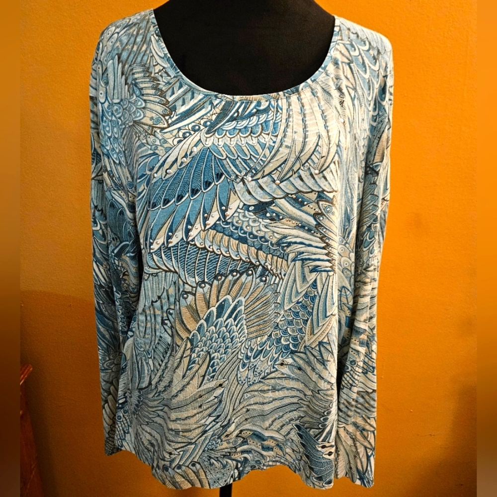 Chico's Blue Long Sleeve Relaxed Blouse with Silver Embellishments